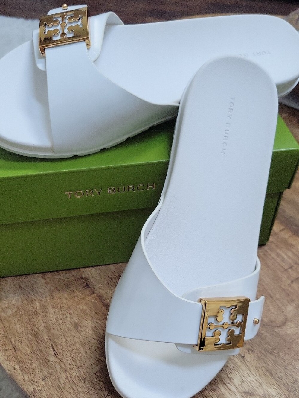 Tory Burch White Slide Sandals with Gold Logo Accent - Picture 3 of 6